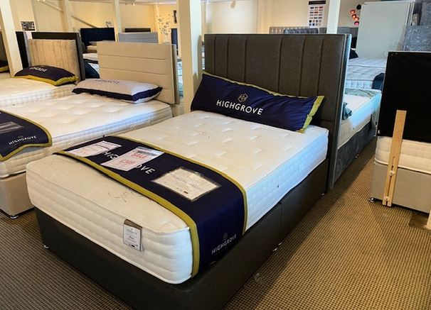 PLAZA DOUBLE MATTRESS-DIVAN BASE AND HEADBOARD DARK GREY £499 (SWANSEA BED SUPERSTORE)