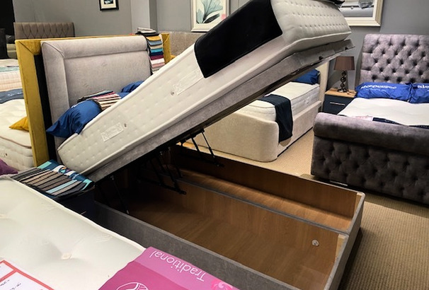 LUXURY SMALL DOUBLE OTTOMAN BED FRAME AND FLOOR HEADBOARD AND POCKET SPRUNG ASLA MATTRESS £799 (SWANSEA BED SUPERTSORE)