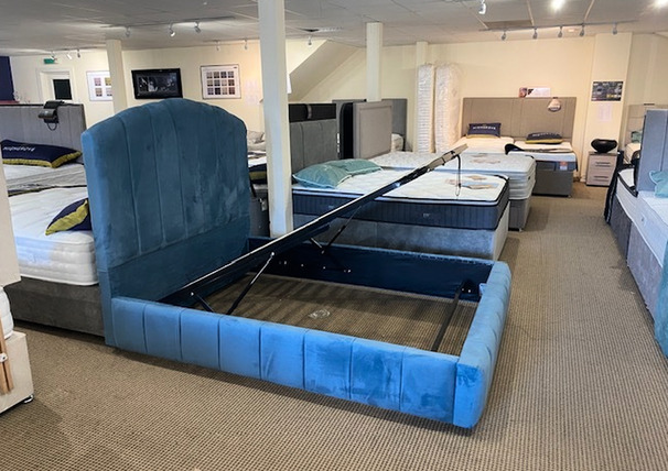 LUXURY LORA OTTOMAN  DOUBLE STORAGE BED BLUE £599 ( SWANSEA BED SUPERSTORE)